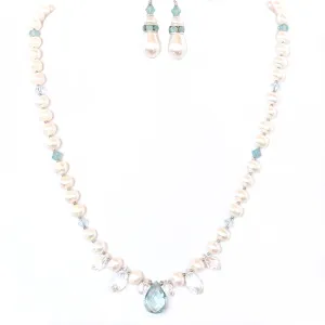 Thea: Freshwater Pearl Necklace with Aqua Quartz Pendant