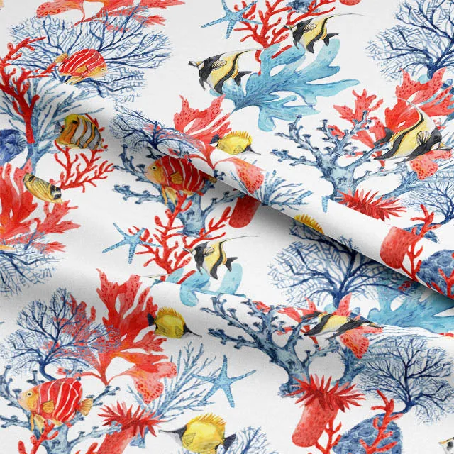 Under the Sea Cotton Curtain Fabric - White