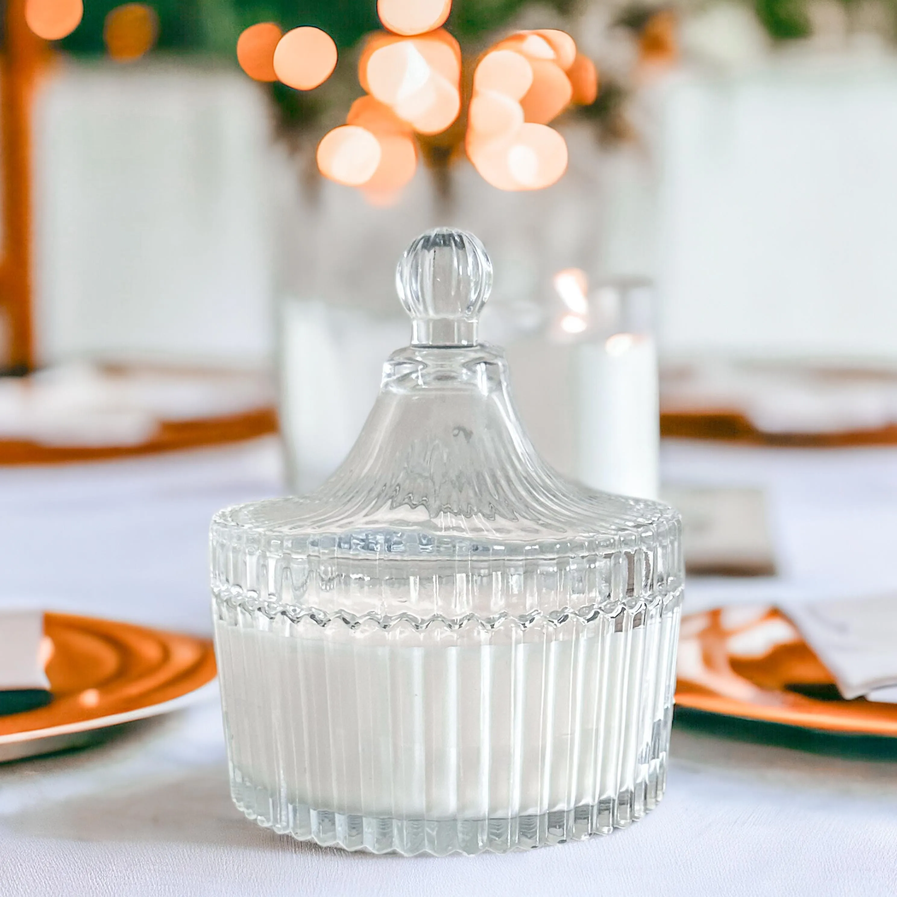Vintage-Style Soy Candle in Clear Candy Dish - Pumpkin Buttercream & Golden Santal