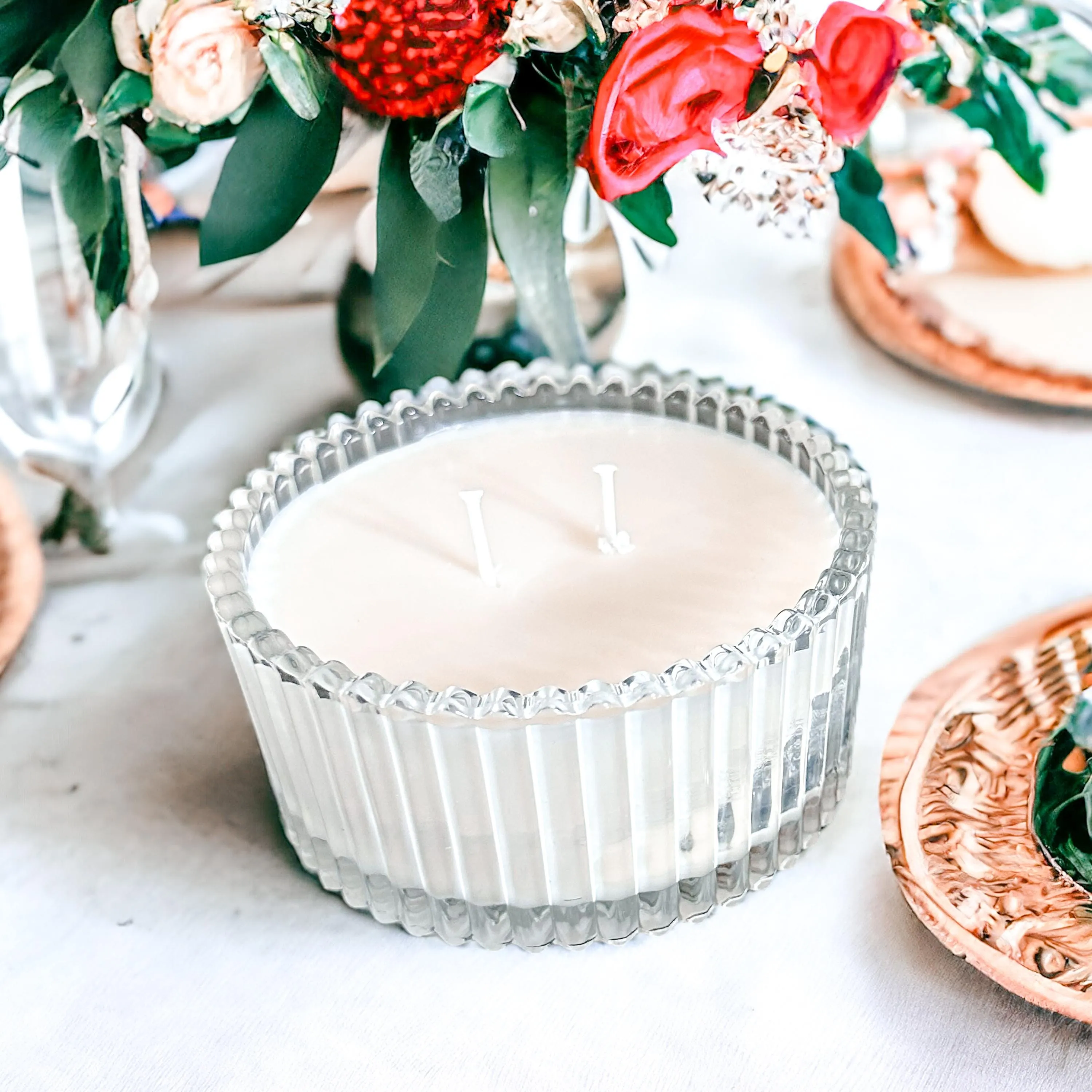 Vintage-Style Soy Candle in Clear Candy Dish - Pumpkin Buttercream & Golden Santal